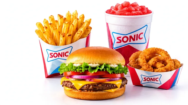 Sonic burger, fries, onion rings and cherry slush